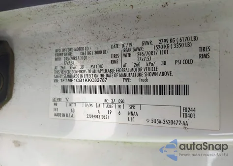 2019 Ford F-150 Xl z USA, uszkodzony, nr VIN 1FTMF1CB1KKC82787